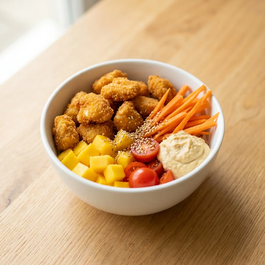 Crispy Chris Bowl mit paniertem Hähnchen, Mango, Karotten, Kirschtomaten, Sesam und Hummus