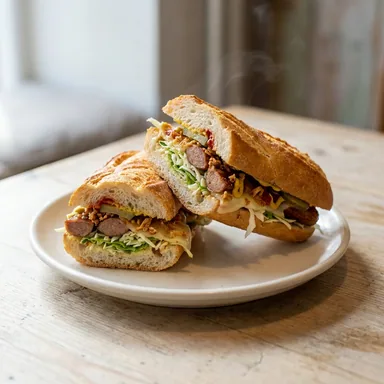Dänisch Croque — warmes Baguette mit Würstchen, Röstzwiebeln, dänischen Gurken, Senf und Ketchup