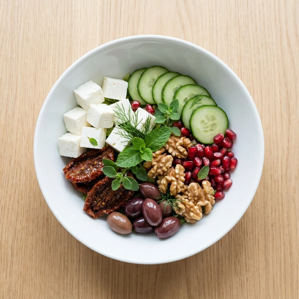 Feta Fibi Bowl mit Feta, Gurken, getrockneten Tomaten, Oliven, Walnüssen und Granatapfelkernen