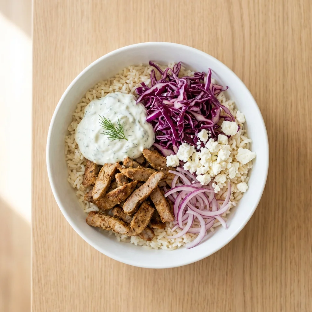 Gyros Bowl mit Puten-Gyros, roten Zwiebeln, Oliven, Tzatziki, Weißkraut und Gurken