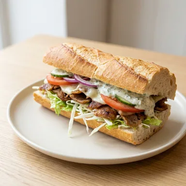 Gyros Croque — warmes Baguette mit Gyros, Salat, Tomate, Zwiebel, Käse, Gurke und Tzatziki