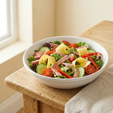 Käse-Schinken Salat mit Blattsalaten, Käse, Schinken, Kirschtomaten, Gurken und Paprika