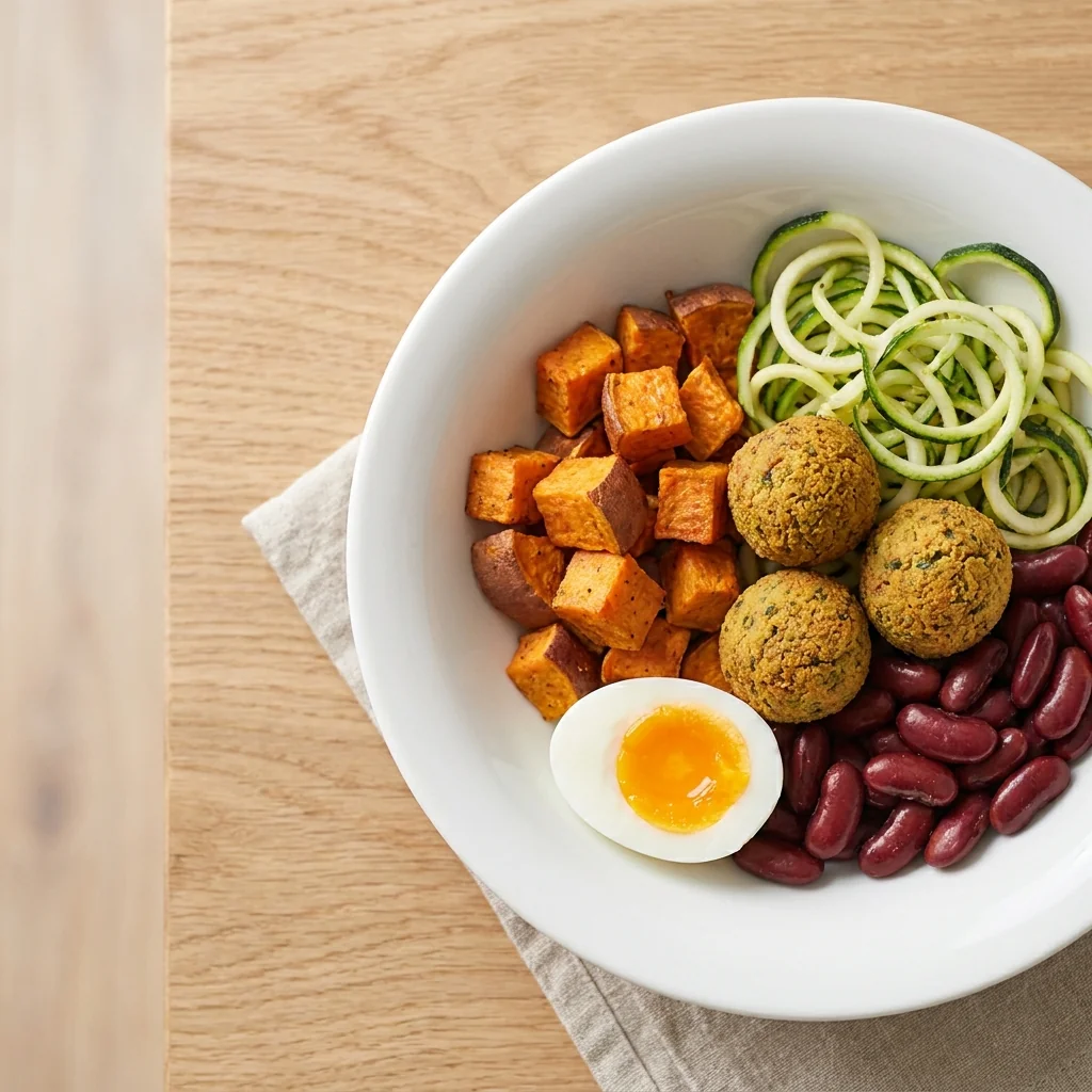 Kartoffel Karlo Bowl mit Süßkartoffeln, Zucchininudeln, Falafel, roten Bohnen und Ei