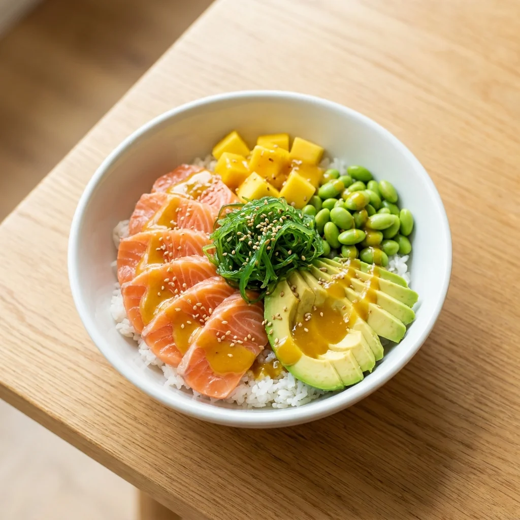 Lachs Bowl mit Reis, Avocado, Mango, Edamame und Goma-Salat