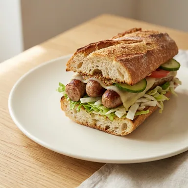 Nürnberger Croque — warmes Baguette mit Nürnberger Würstchen, Salat, Käse, Gurke, Tomate und Senf