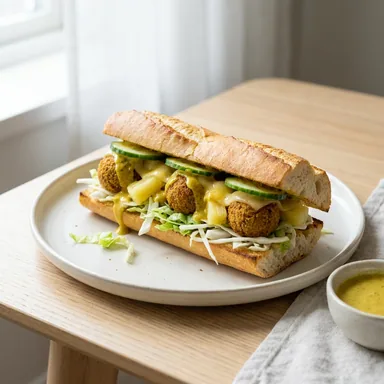 Orient Croque — warmes Baguette mit Falafel, Ananas, Salat, Käse, Gurke und Currydressing