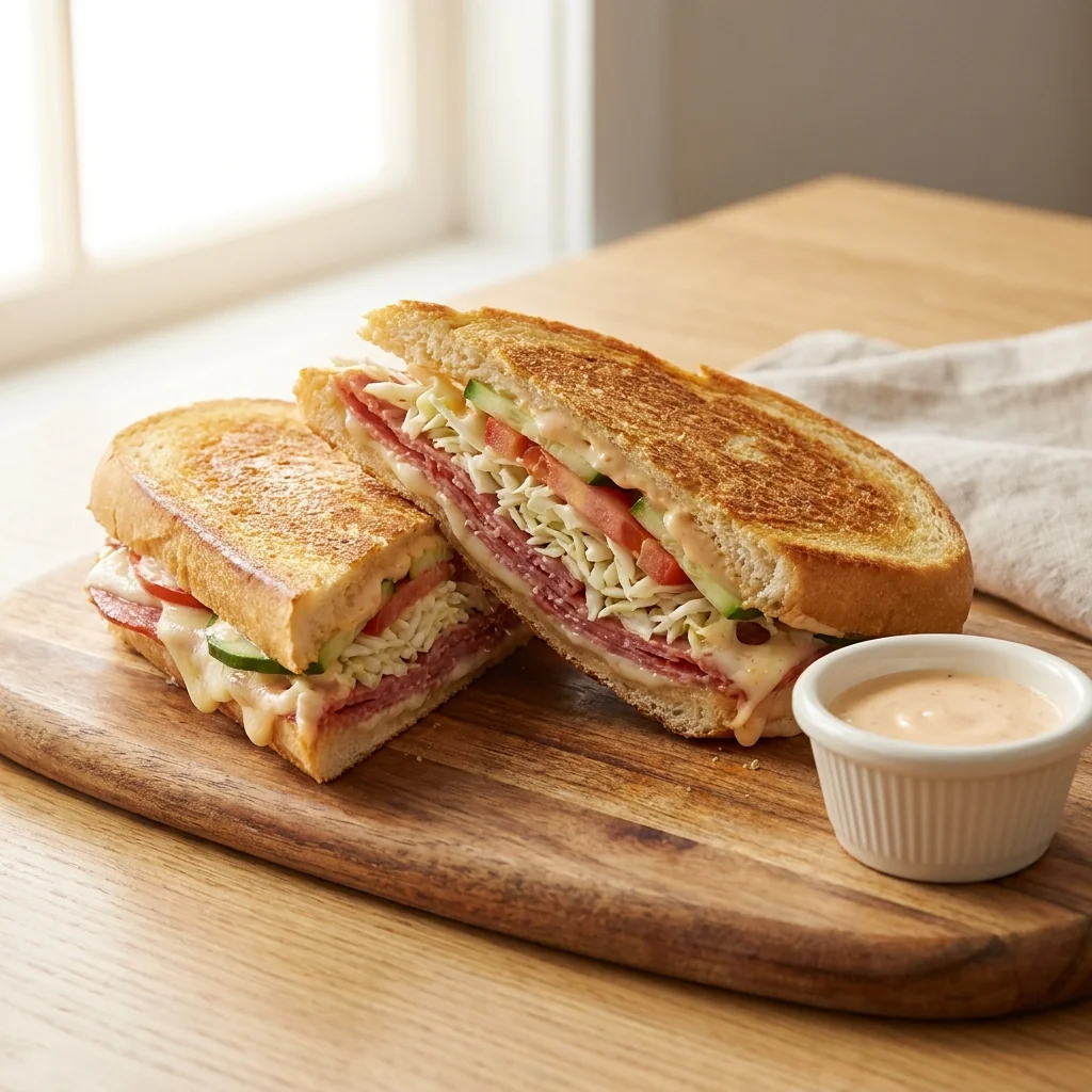 Salami Croque — warmes Baguette mit Salami, Salat, Käse und Tomate