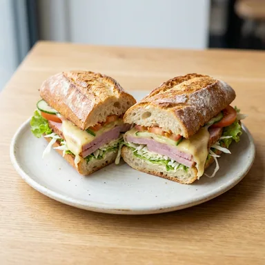 Schinken Croque — warmes Baguette mit Schinken, Salat, Weißkraut, Käse, Gurke und Tomate