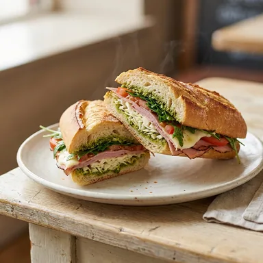 Schwarzwälder Croque — warmes Baguette mit Schwarzwälder Schinken, Rucola, Tomaten, Mozzarella und grünem Pesto