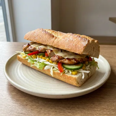 Teriyaki Croque — warmes Baguette mit Hähnchen-Teriyaki, Salat, Käse, Mais und Gurke