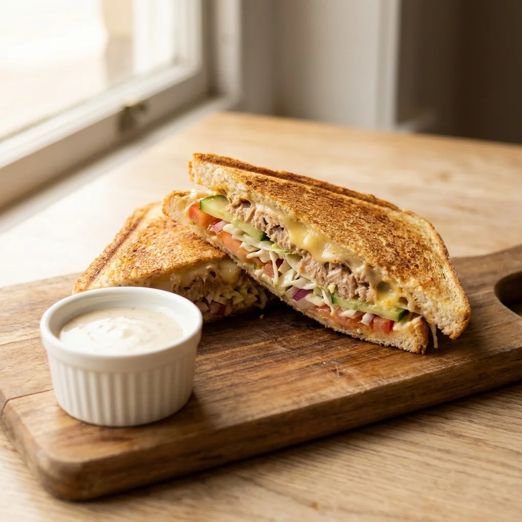 Thunfisch Croque — warmes Baguette mit Thunfisch, Salat, Käse und Tomate