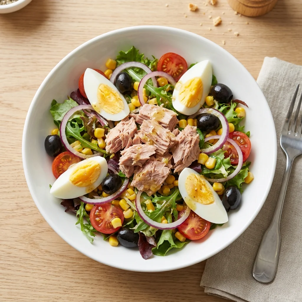 Thunfisch Salat mit Blattsalaten, Gurken, Tomaten, Zwiebeln, Thunfisch und Mais