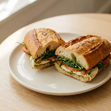 ToMo Croque — warmes Baguette mit Rucola, Tomate, Mozzarella und grünem Pesto