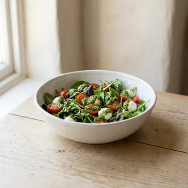 ToMo Salat mit Blattsalaten, Tomaten, Mozzarella und grünem Pesto