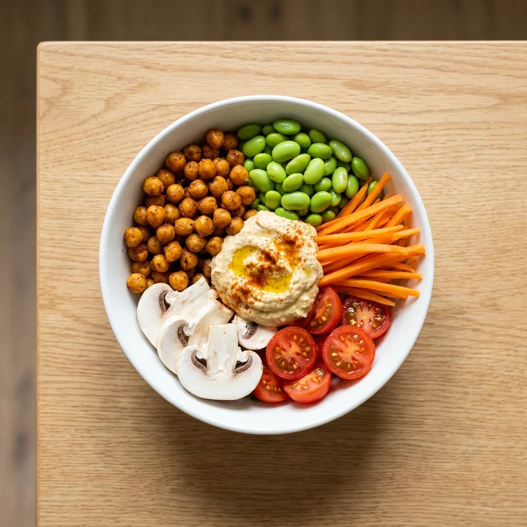 Veggie Virginia Bowl mit gerösteten Kichererbsen, Edamame, Karotten, Champignons, Kirschtomaten und Hummus