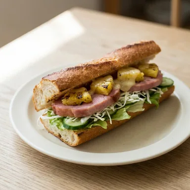 Waikiki Croque — warmes Baguette mit Schinken, Ananas, Salat, Käse und Gurke