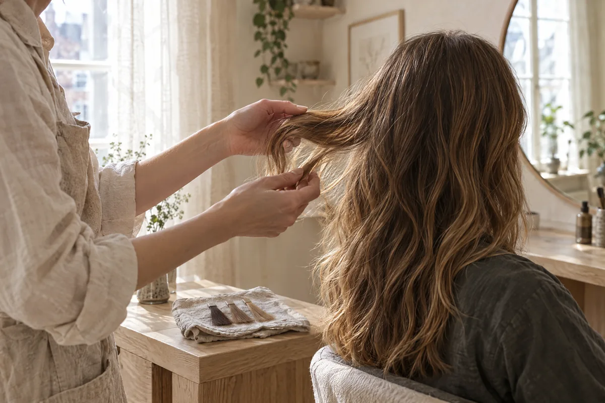 Hände prüfen eine Haarsträhne im Tageslicht, Farbmuster auf Leinen