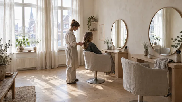 Blick in das Atelier mit runden Spiegeln und Fenstern zur Altstadt