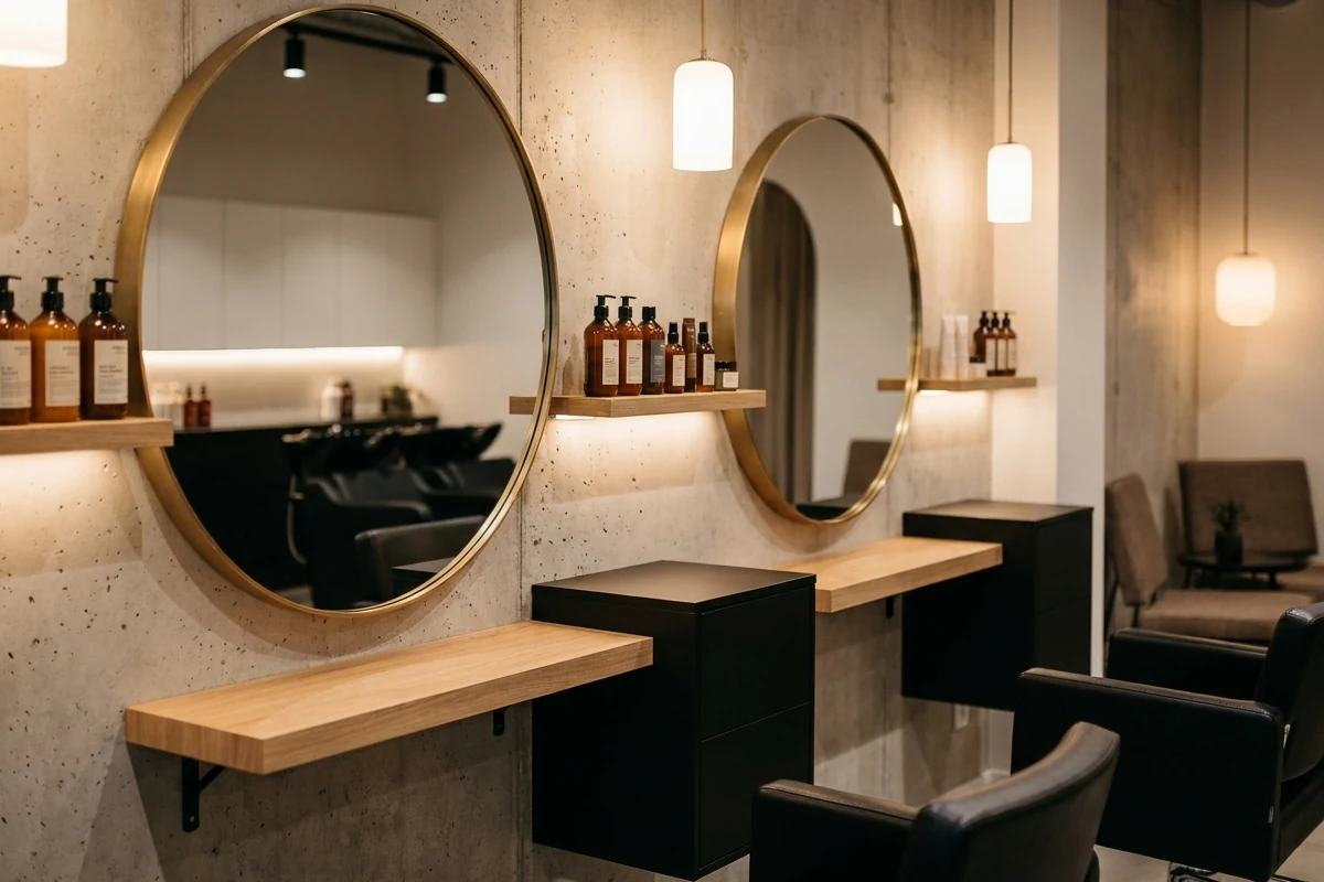 Bedienplätze und Produktregale im Salon