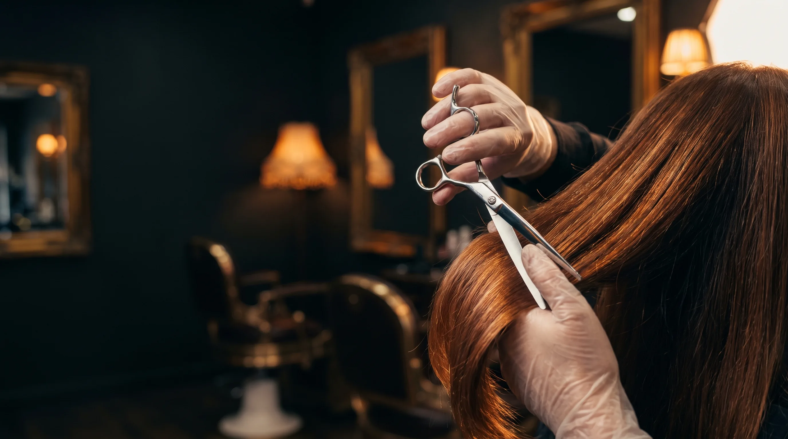 Nahaufnahme: Haarschnitt mit professioneller Schere in einem warm beleuchteten Salon