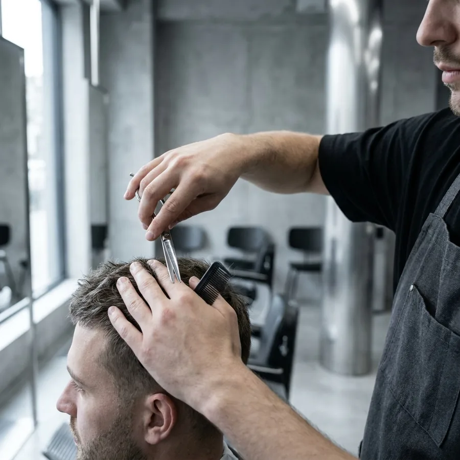 Barber beim Schnitt mit Schere und Kamm