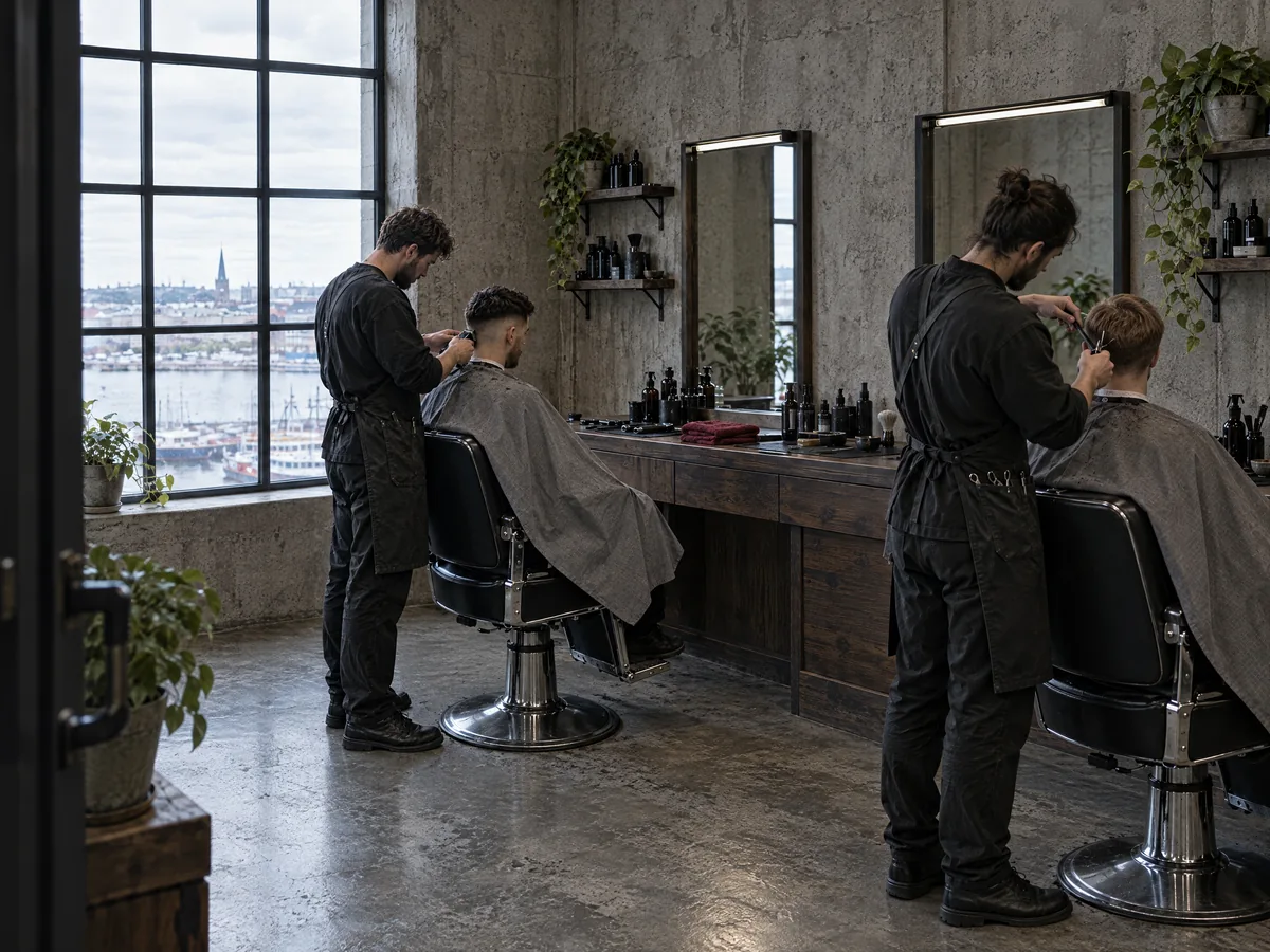 Blick in den Laden: zwei Barber arbeiten an benachbarten Stühlen, links das große Fenster zum Hafen