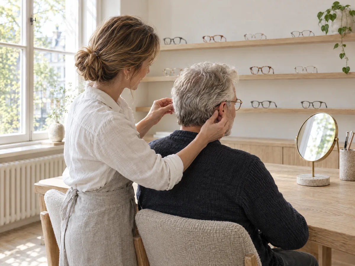Beratungssituation im hellen Studio: Eine Augenoptikerin richtet die Bügel einer Brille bei einem Kunden vor dem Spiegel