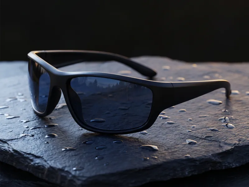 Sportliche Wraparound-Brille mit getönten Gläsern auf dunklem Stein mit Wassertropfen