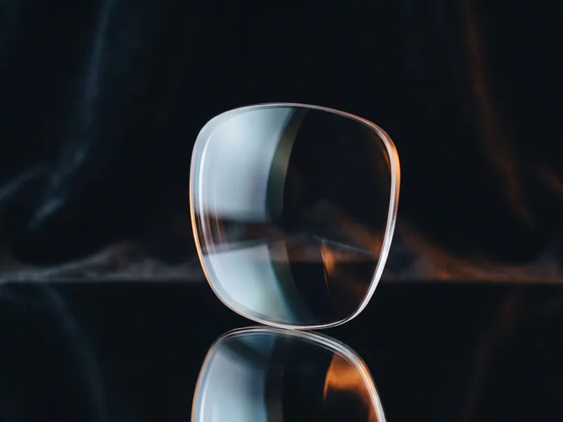 Gleitsichtglas vor dunklem Hintergrund mit sichtbarer Lichtbrechung